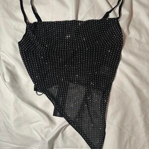 black mesh asymmetrical top with rhinestones